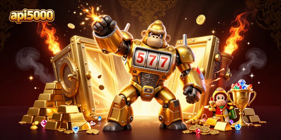 Slot gacor api5000 menghadirkan gorila emas mech dengan peti harta karun yang mengagumkan dan koin yang meledak.