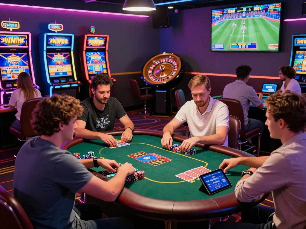 Online gambling experience at https://kuwincom.net/ with vibrant gaming room showcasing poker, slots, and sports betting.