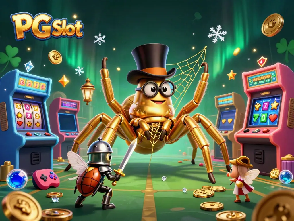 Experience PG Slot excitement with a 3D cartoon scene featuring a golden tarantula and beetle knight.