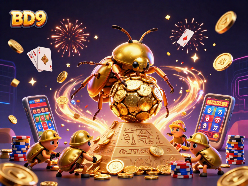 Engage with BD9's thrilling gaming experience featuring gold coins, roulette, and vibrant casino elements.