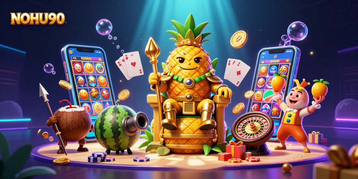 Engage with NOHU90's exciting slots at the vibrant beach casino through an artistic illustration.