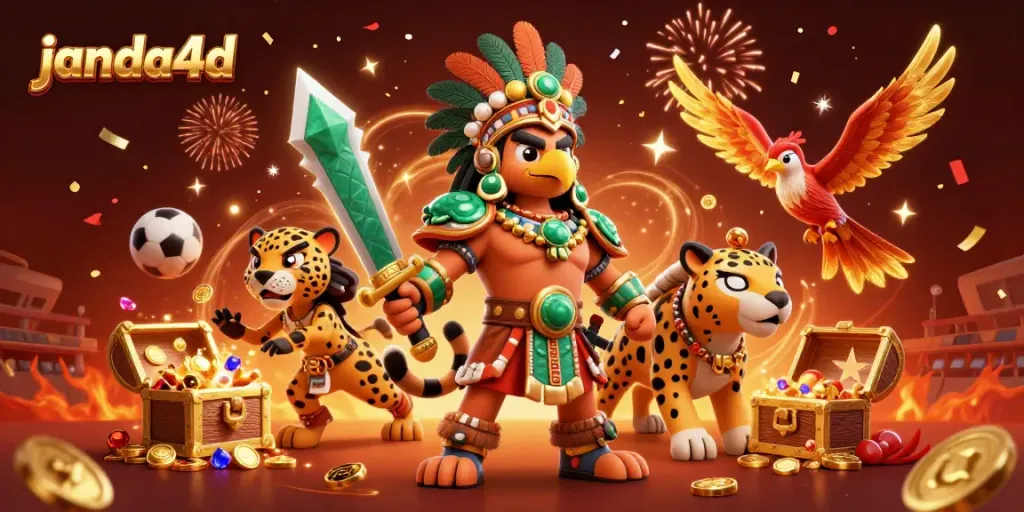 Permainan janda4d menampilkan pejuang Aztec dan jaguar di bawah keriuhan bola dan hadiah.