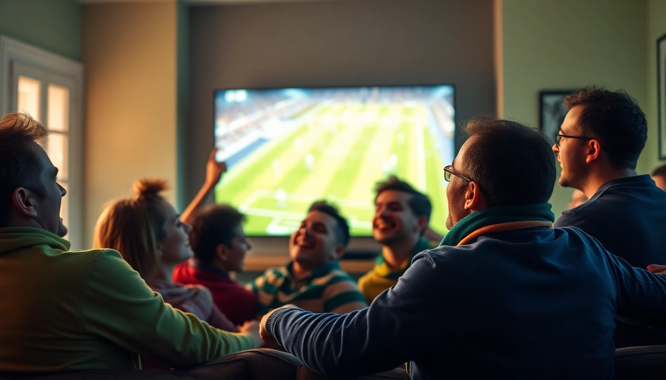 Excited fans watching live matches on Cakhia TV in a cozy living room setting.