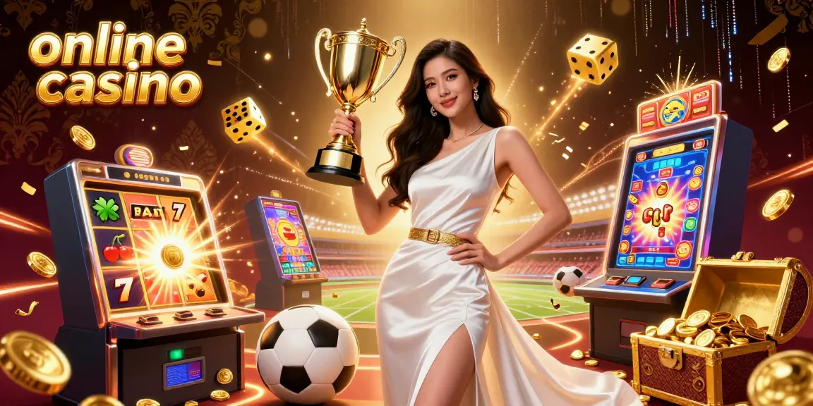 Thrilling online casino scene featuring vibrant golden elements, a confident woman, and slot machines exploding with rewards.