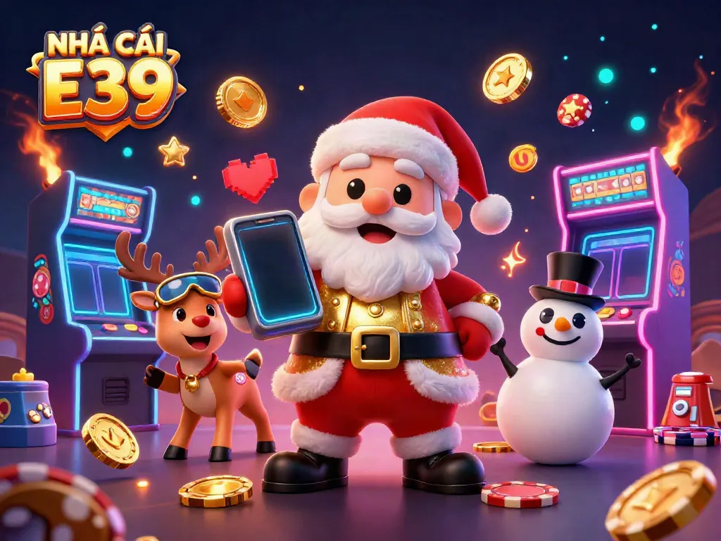 Spin and win at NHÀ CÁI E39 with vibrant gaming experience featuring Santa and his companions in a festive casino setting.