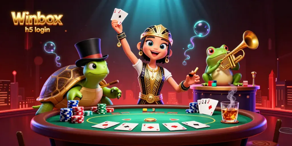 Engage with Winbox h5 login in an illustration featuring characters and dynamic casino elements