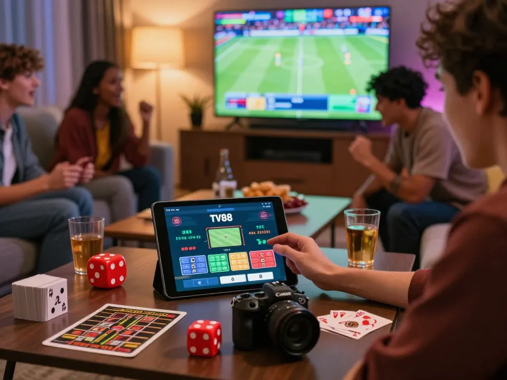 Experience the TV88 app in an engaging online gaming setup with friends, showcasing excitement and interaction.