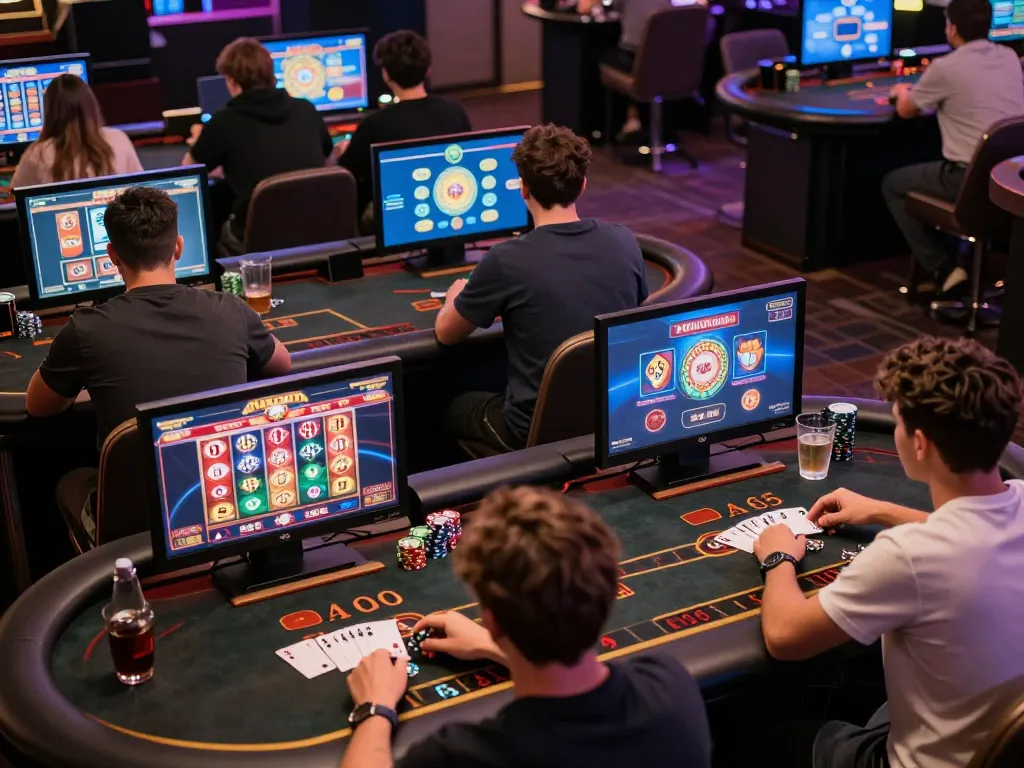 B52club players enjoying an interactive online casino experience, focused on gameplay while enjoying drinks.