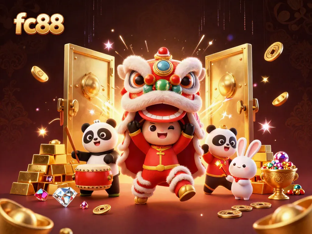 Experience fc88 excitement with a lively casino gala featuring vibrant characters and treasures.