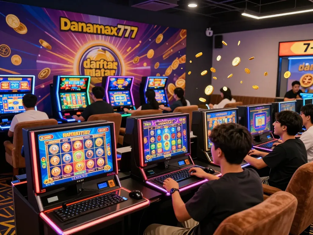 Pemain yang bersemangat merayakan kemenangan saat menggunakan daftar danamax777 untuk slot online di lingkungan permainan digital yang cerah.