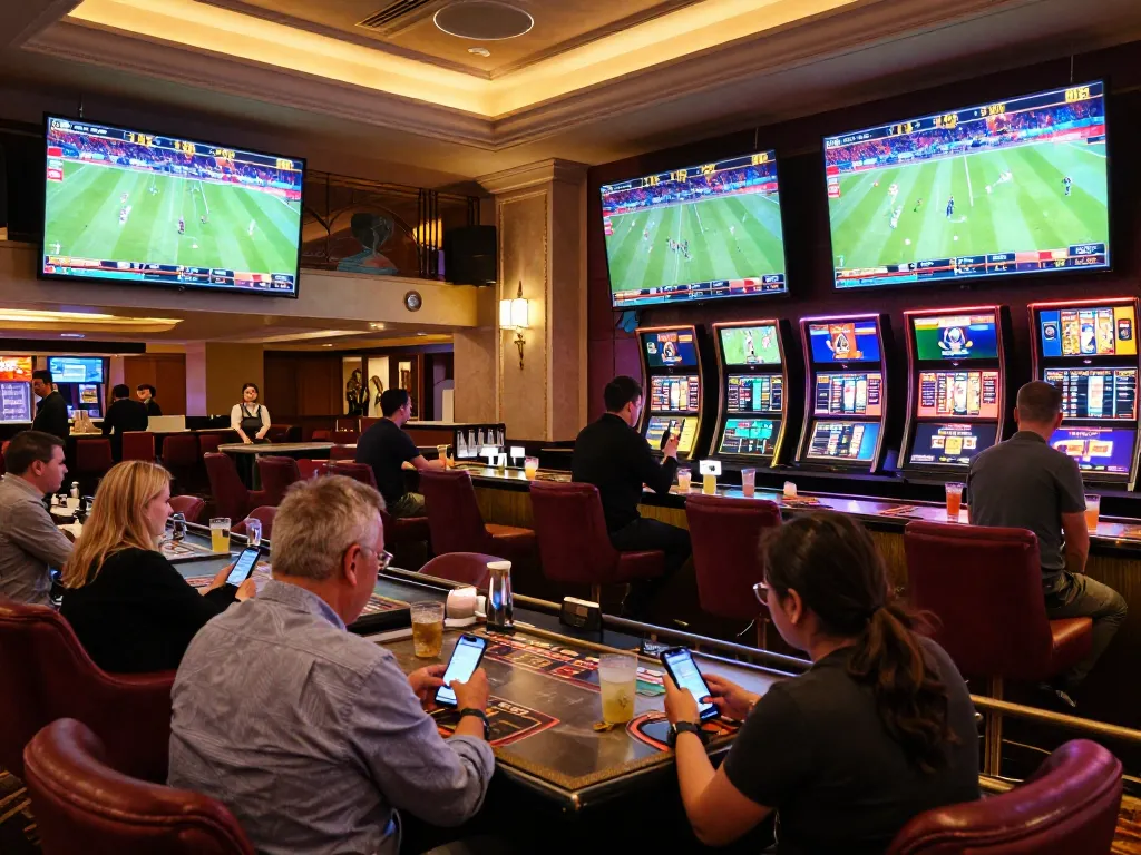 Sports betting excitement at bagus-surfcamp lounge with patrons reviewing live odds.