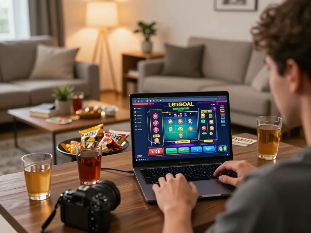 Engaging online gaming experience with LGOGOAL platform on laptop screen amid a cozy living room.