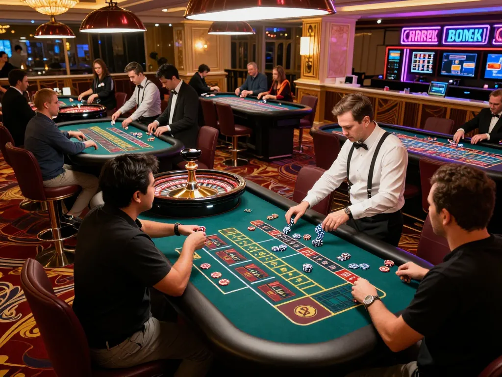 Players at kp88 casino engaged in exciting roulette gameplay with chips and a spinning wheel.