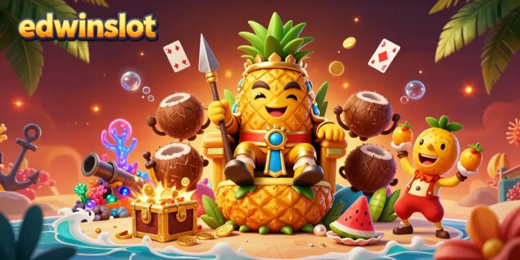 Experience thrilling gaming adventures with edwinslot in a vibrant beach casino illustration featuring dynamic characters.