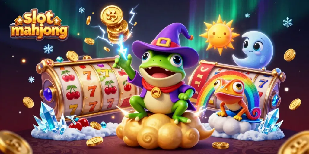 Memenangkan jackpot pada slot mahjong dengan koin emas berkilau dan karakter unik