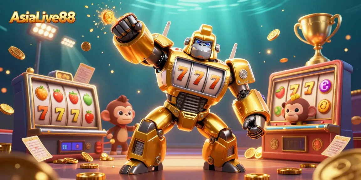 Experience thrilling gameplay with AsiaLive88's vibrant casino scene featuring a golden gorilla mech.