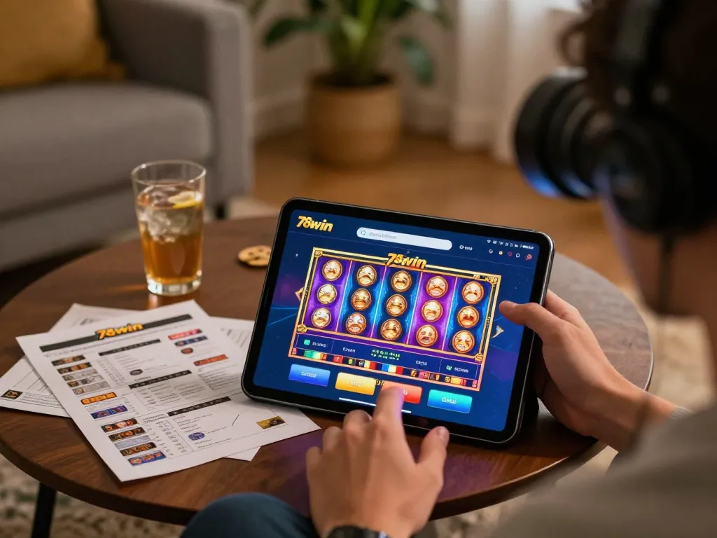Engaging gameplay on the 78win app in a cozy setting, showcasing strategic betting notes and colorful slot games.