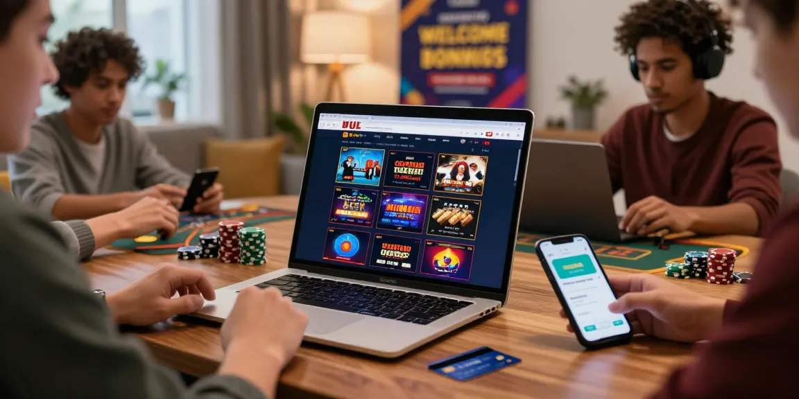 Exciting credit card casino UK scene with diverse players engaging in online gambling, showcasing games and promotions.