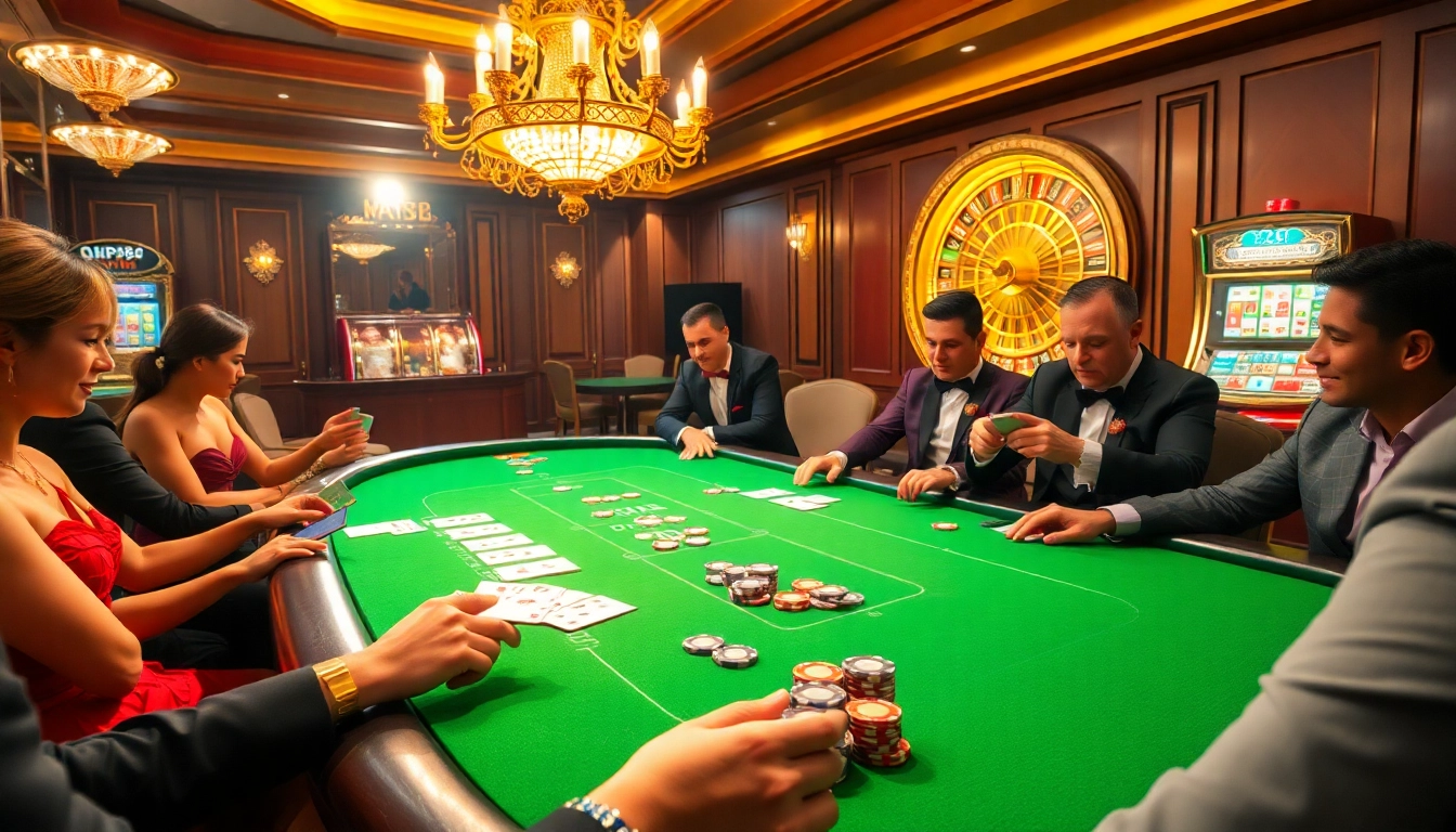 KP88 players enjoying high-stakes poker at an elegant casino table with chips and cards.