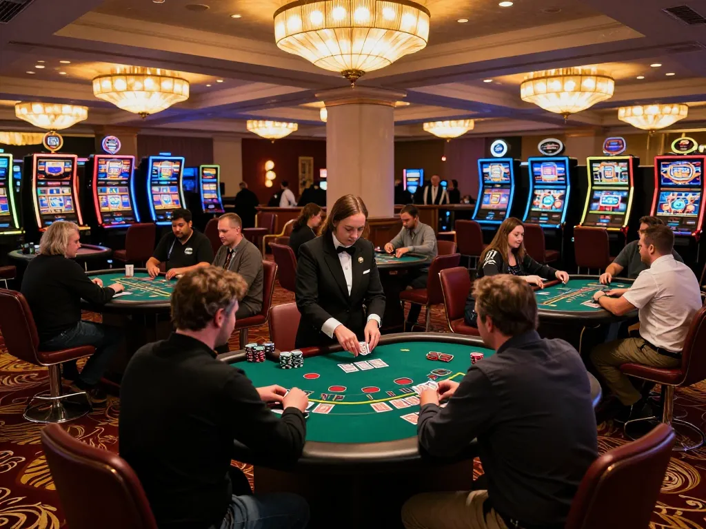 Sunwin players strategizing around blackjack tables in an exciting casino atmosphere.