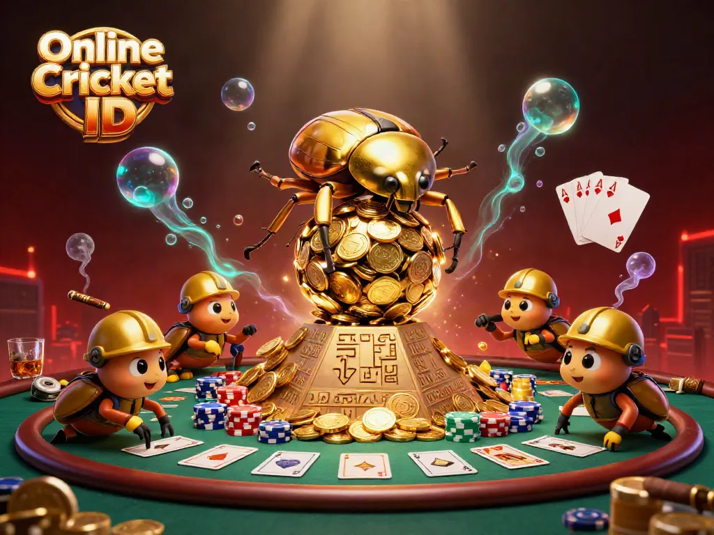 Engage with Online Cricket ID featuring vibrant 3D scene of golden beetles assembling a coin pyramid amidst casino elements.