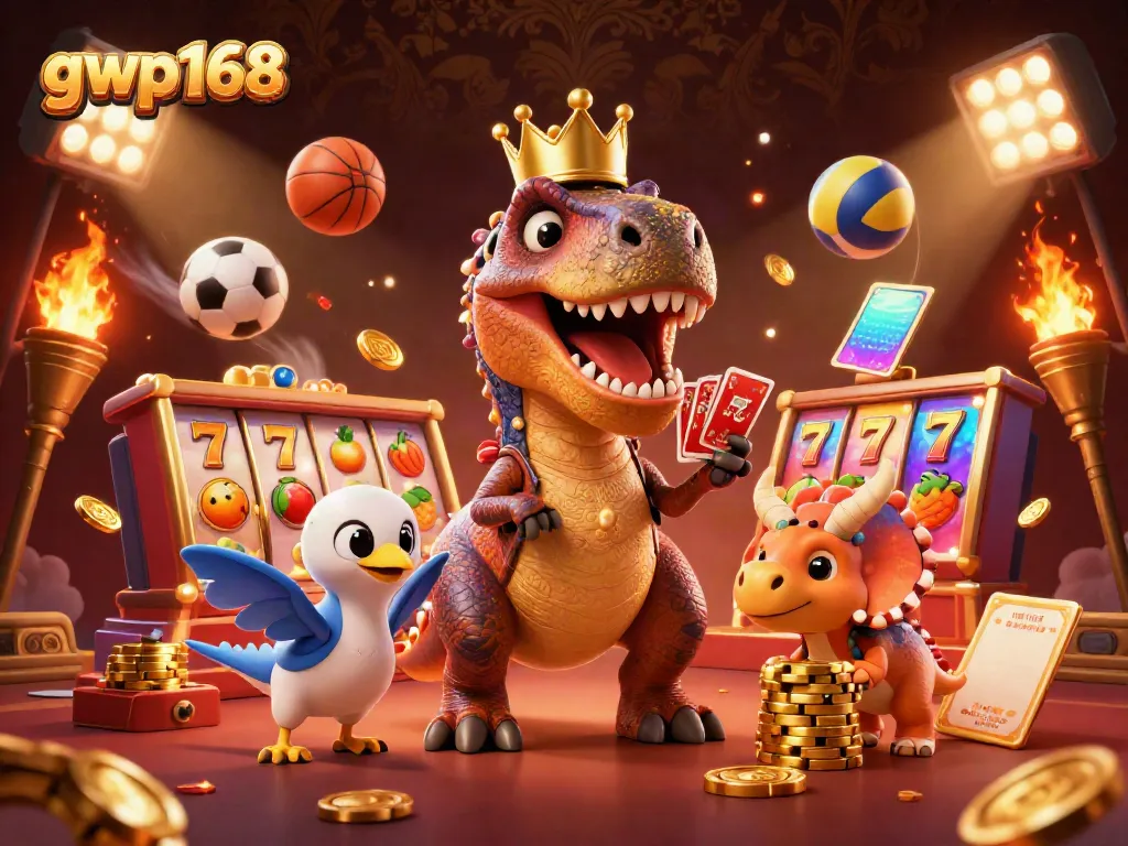 Permainan slot gacor dengan gwp168, diilustrasikan oleh dinosaurus mengocok kartu sambil teman membantunya.