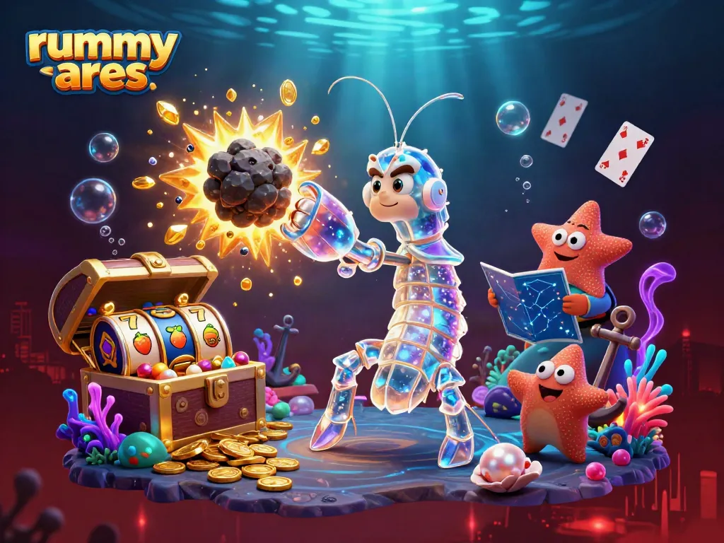 Engage in rummy ares gameplay with an exhilarating underwater scene featuring vibrant characters and slot elements.