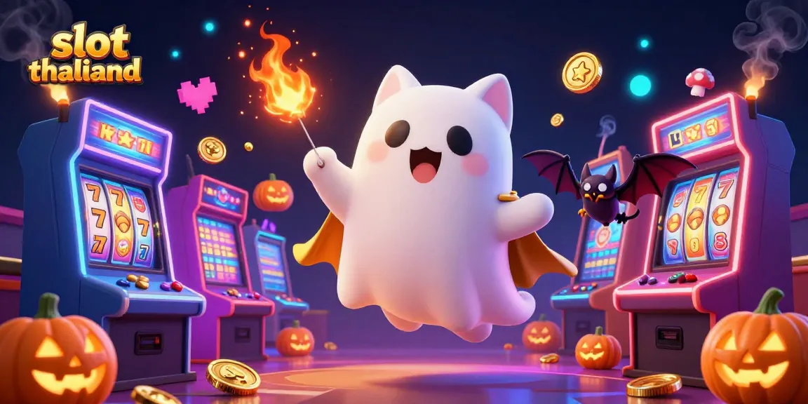 Experience thrilling gameplay with slot thailand's vibrant illustrations featuring a ghost cat and vampire bat in action.