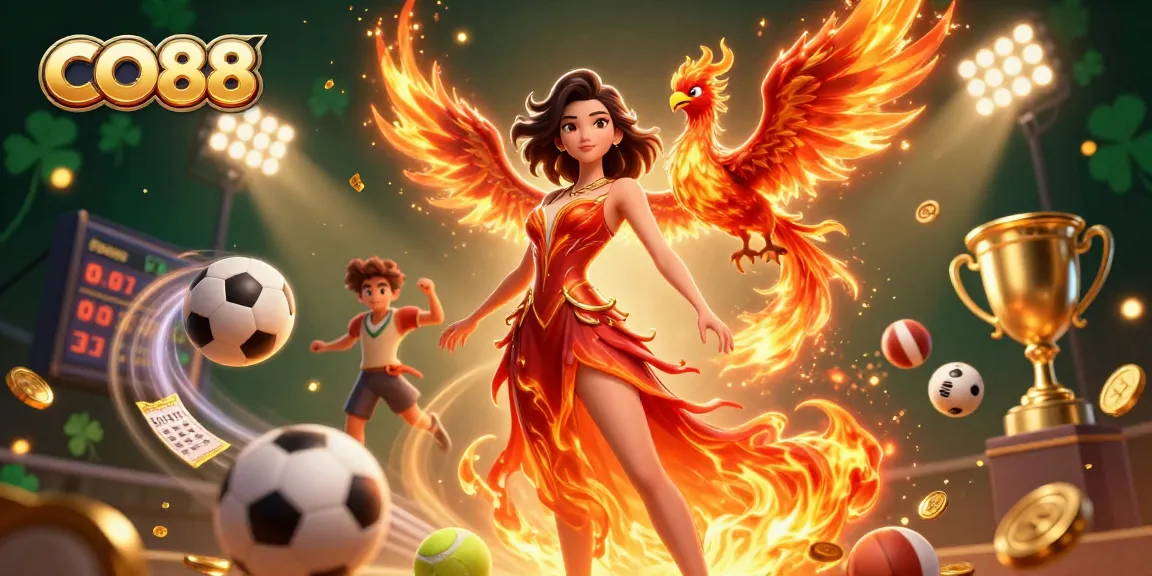 Engage with CO88's amazing casino games while enjoying dynamic visuals of a stunning Asian woman paired with a fire phoenix.