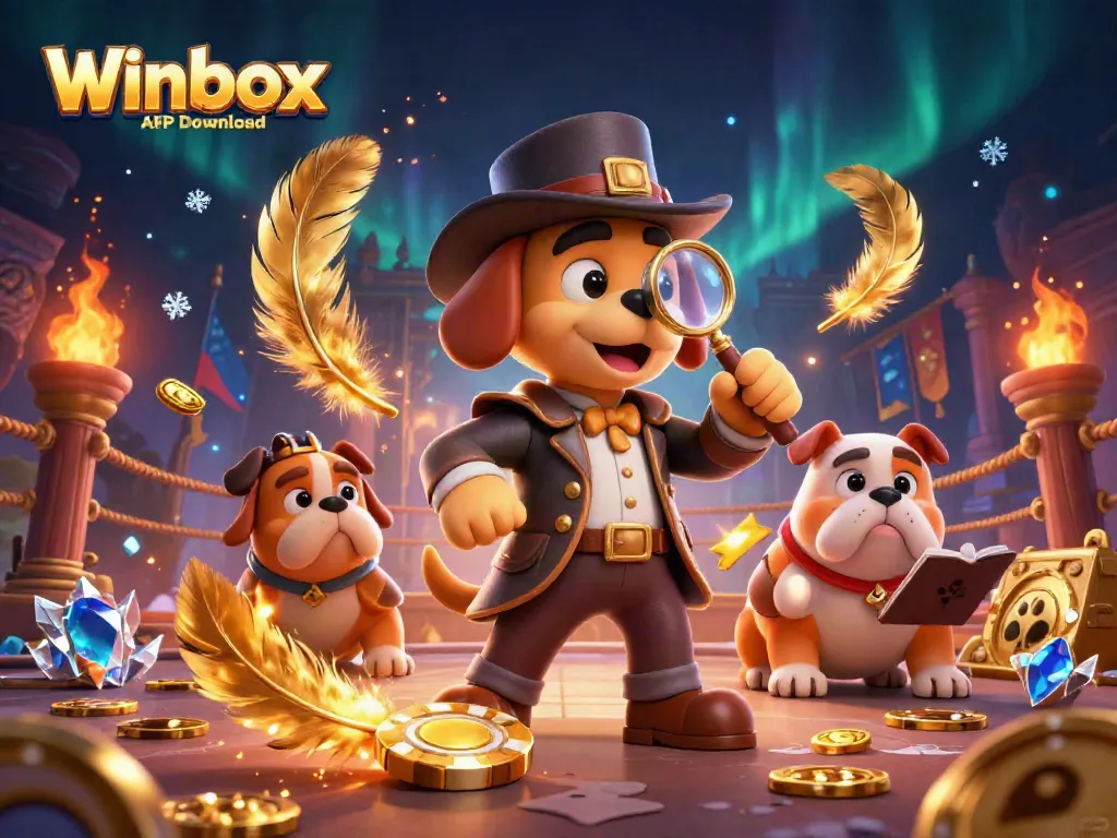 Engage with the thrilling Winbox APK Download while a detective dog investigates poker clues in a vibrant casino.