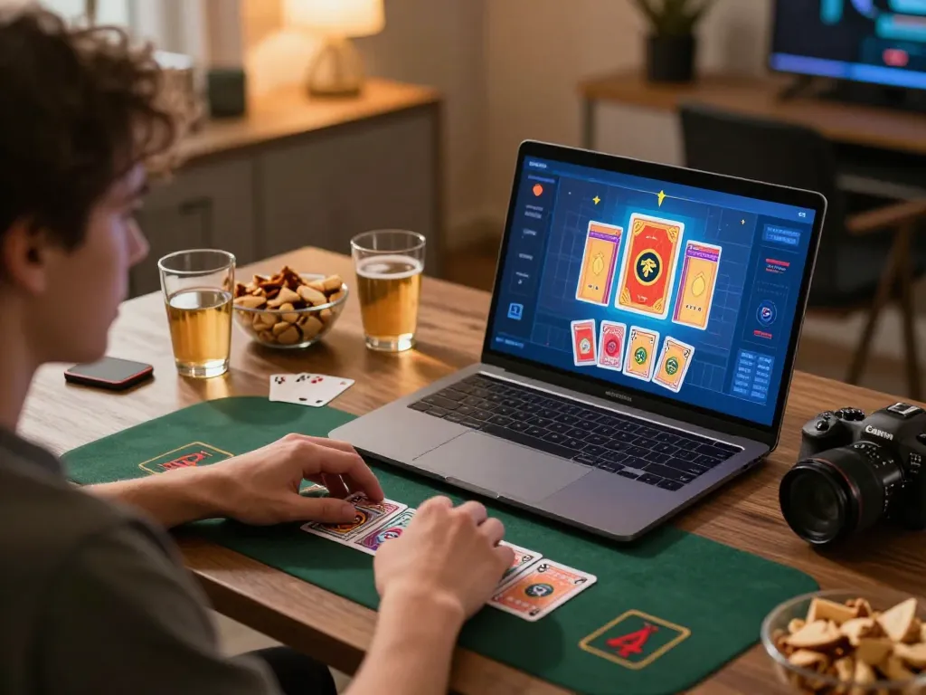 Engaged player using kubet79 to enjoy blackjack on a stylish home setup.