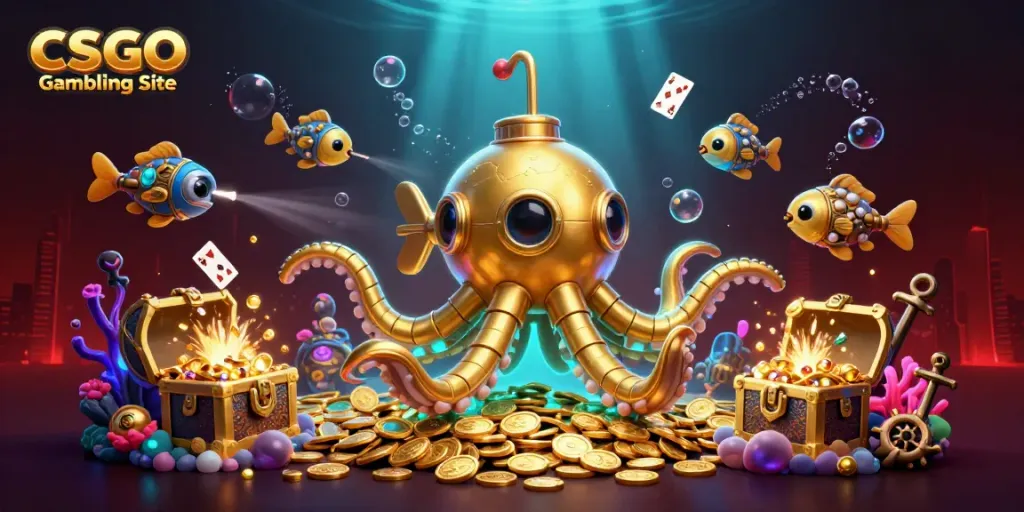Engage in vivid CSGO Gambling Site action with kraken submarine, coins, and playful characters.