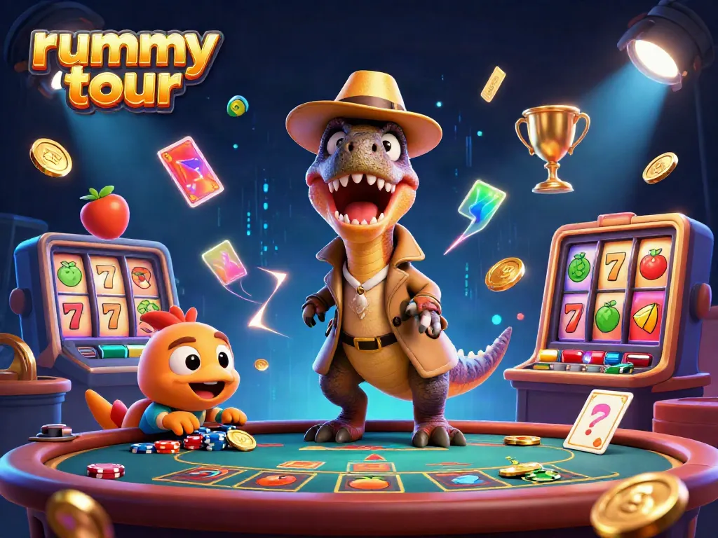 Rummy tour menghadirkan ilustrasi kasino digital dengan karakter kartun yang menarik dan elemen permainan yang dinamis.
