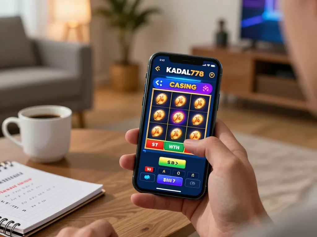 KADAL778 player enjoying an online slot game on a smartphone in a cozy living room setting.