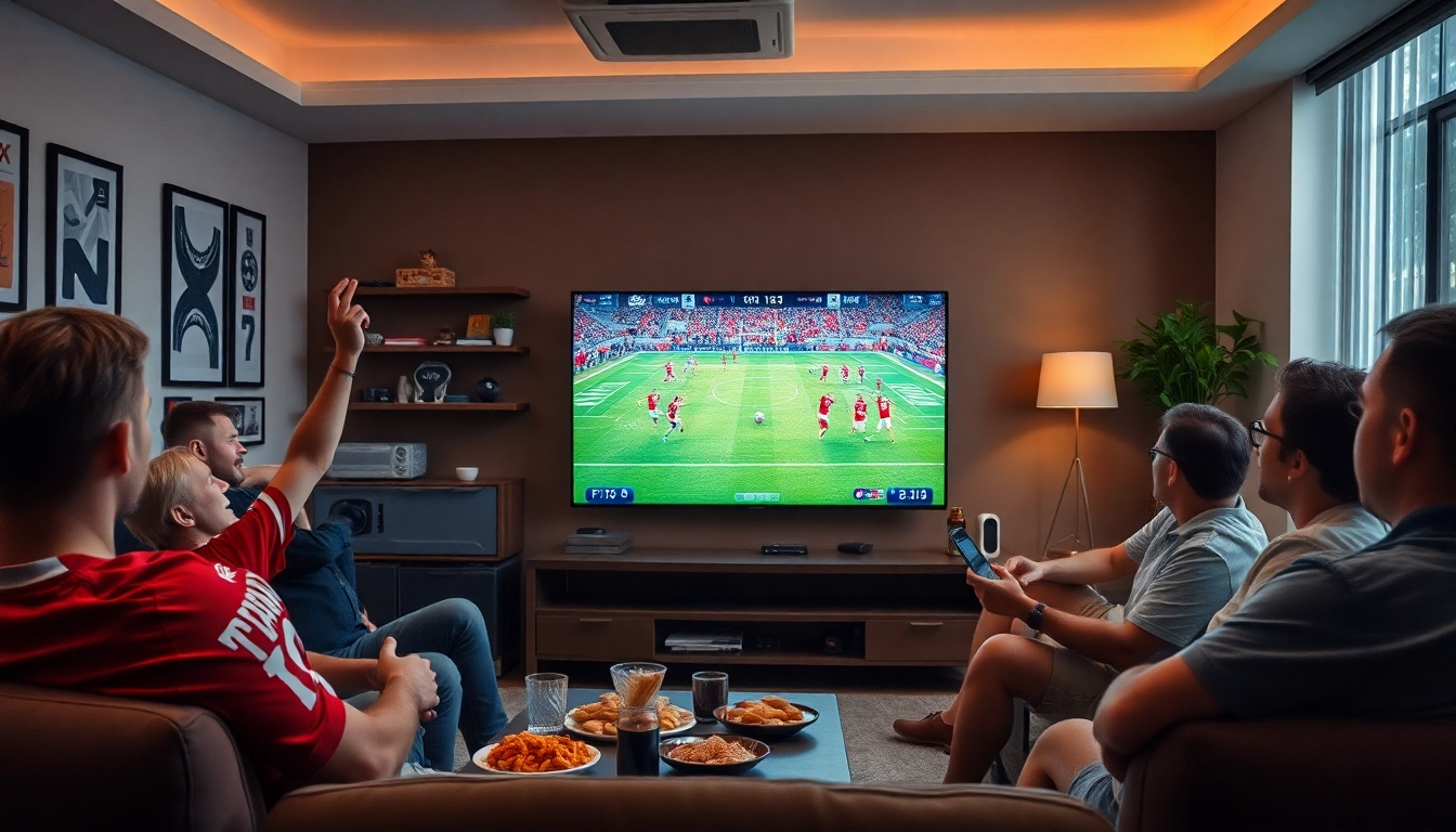 Xoilac TV live football match being enjoyed by passionate fans in a cozy living room setting.