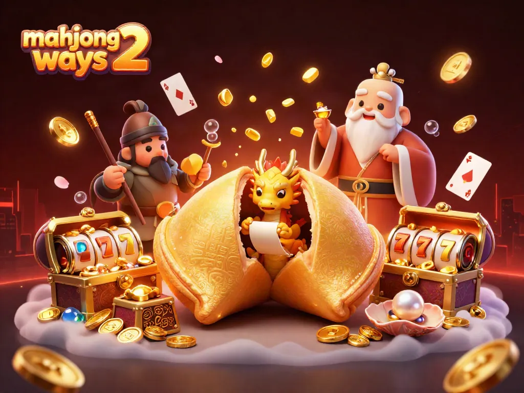 Experience mahjong ways 2 with a 3D illustration featuring fortune cookies, dragons, and vibrant casino symbols exploding with treasure.