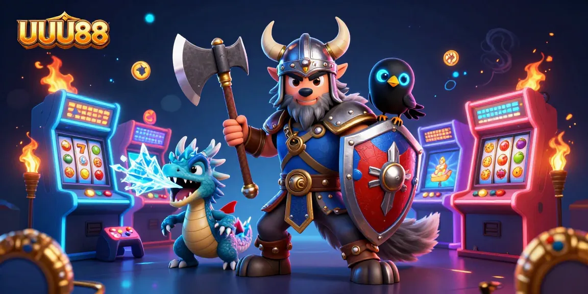Experience thrilling gaming with UUU88 in a vibrant casino scene featuring a Viking warrior and dragon.