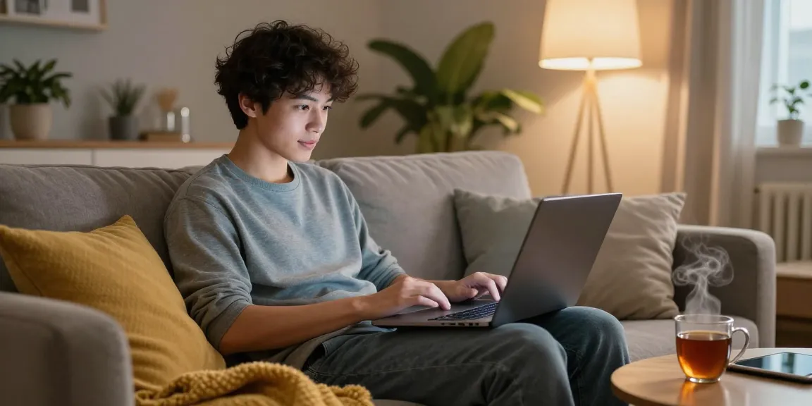 Young adult engaging in an intimate ai sex chat on a laptop in a cozy living room.