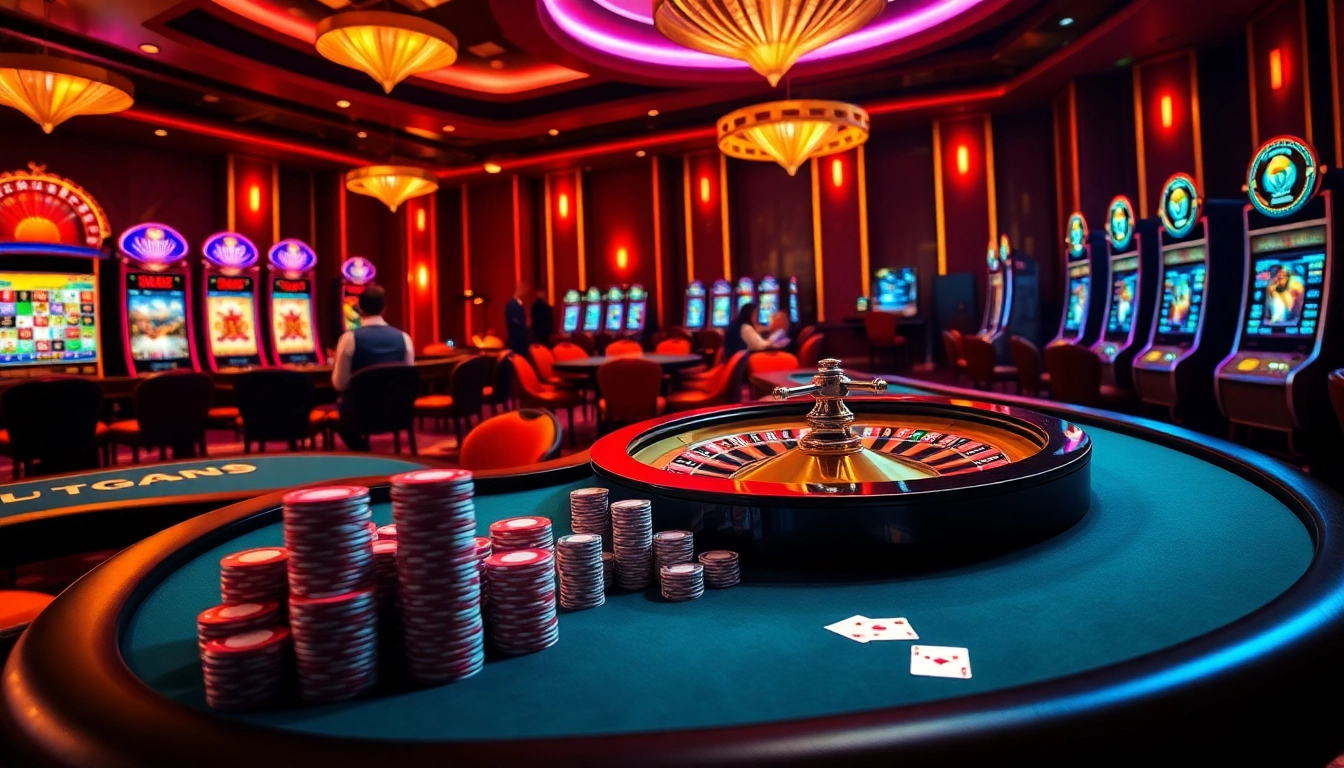 Thrilling gaming experience at Nhà cái uy tín with luxurious casino tables and vibrant poker chips.