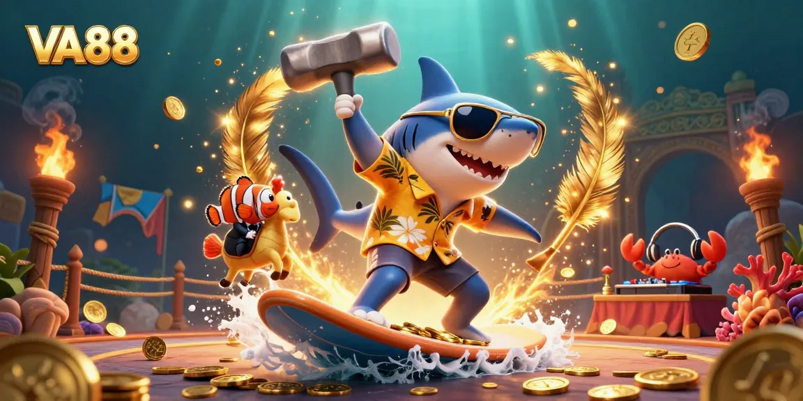 VA88 invites players to dive into thrilling fishing games with vibrant characters surfing through gold coins.