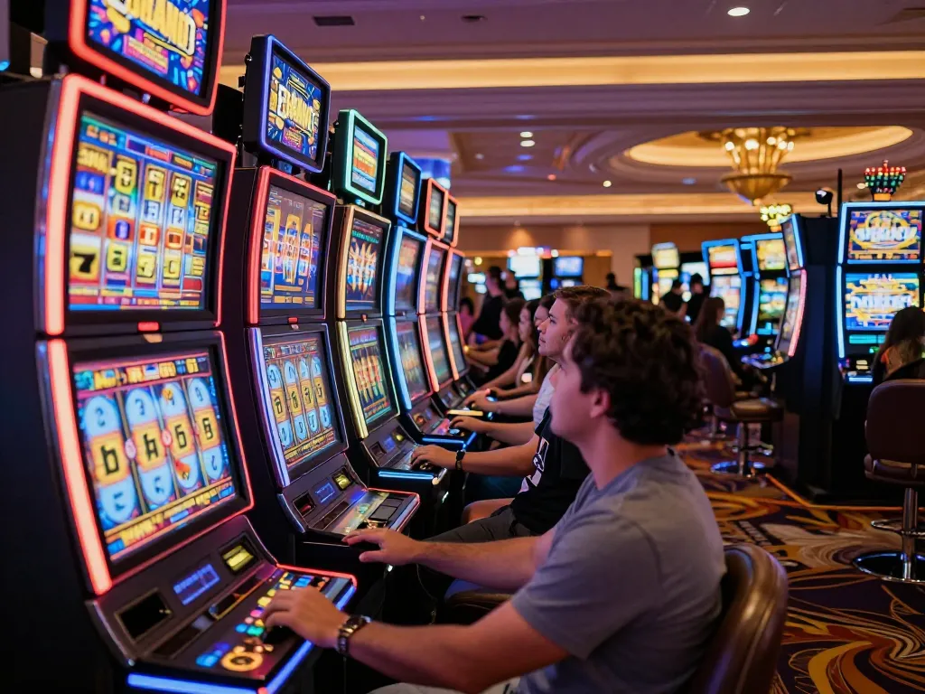 Players enjoying link slot machines amid vibrant casino atmosphere with bright lights and sounds