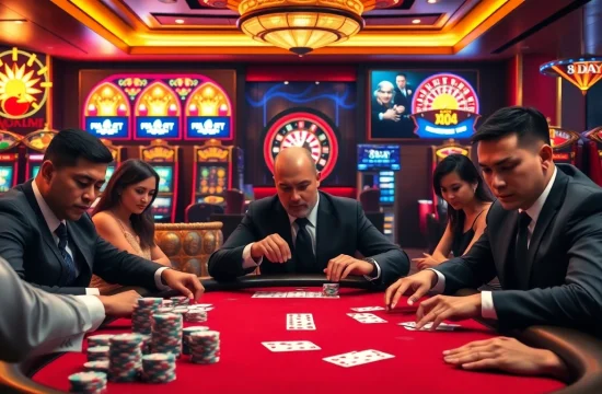 Exciting scene of players at 8DAY casino poker table, surrounded by vibrant slot machines.