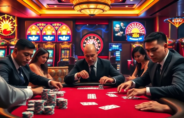 Exciting scene of players at 8DAY casino poker table, surrounded by vibrant slot machines.