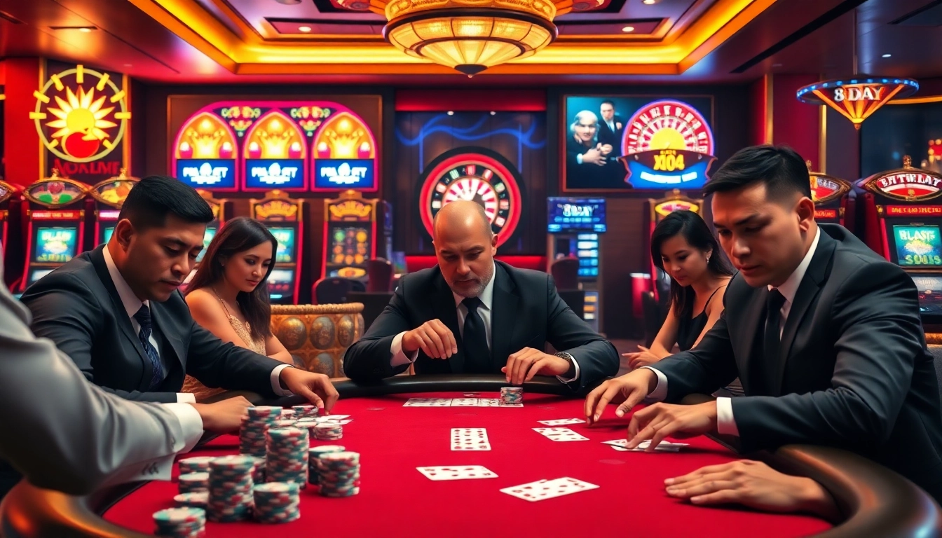 Exciting scene of players at 8DAY casino poker table, surrounded by vibrant slot machines.