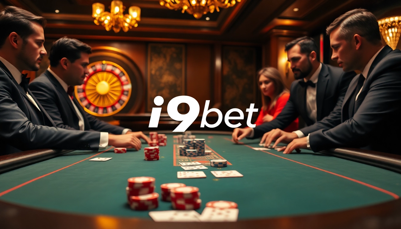 Engage in thrilling poker action with i9bet chips and cards at a luxurious casino table.