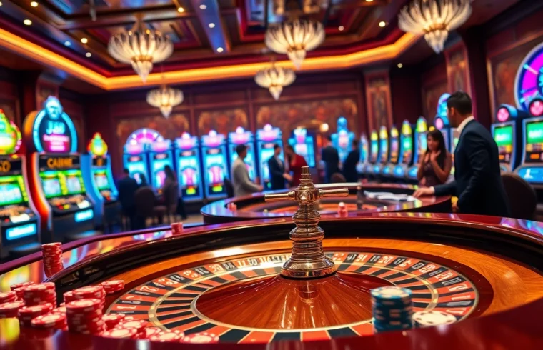 Players engage in high-stakes gambling at the luxurious j88-themed casino tables with roulette and chips.