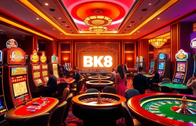 Excited players engage in thrilling games at bk8 Thailand, where slot machines and poker tables abound.