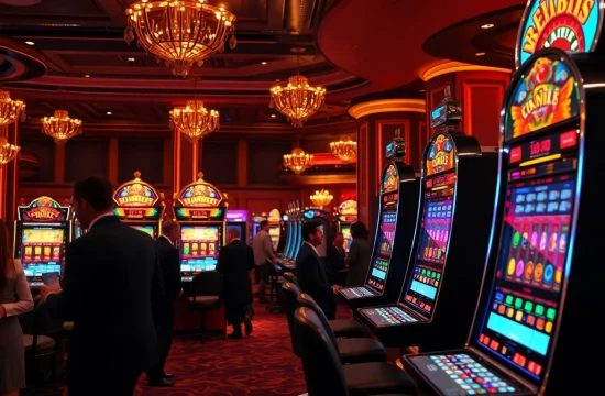 Players enjoying exciting slot machines in a luxurious casino setting, capturing the thrill of gambling.