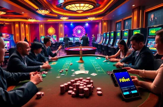 Experience the excitement of F8bet with dynamic players at a poker table amidst colorful casino elements.