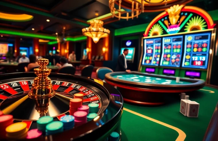 The thrill of online gambling at https://mm88.vin/ with a vibrant casino scene featuring roulette, poker, and slot machines.